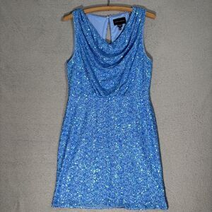 Donna Morgan Women’s Dress Size 10 Blue Sequin Dress Cowl Neck Sleeveless Party